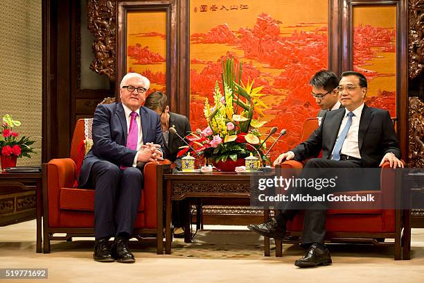 German Foreign Minister Frank-Walter Steinmeier and Li Keqiang, Prime Minister of China, meet in meet in Zhongnanhai Palace on April 8, 2016 in...