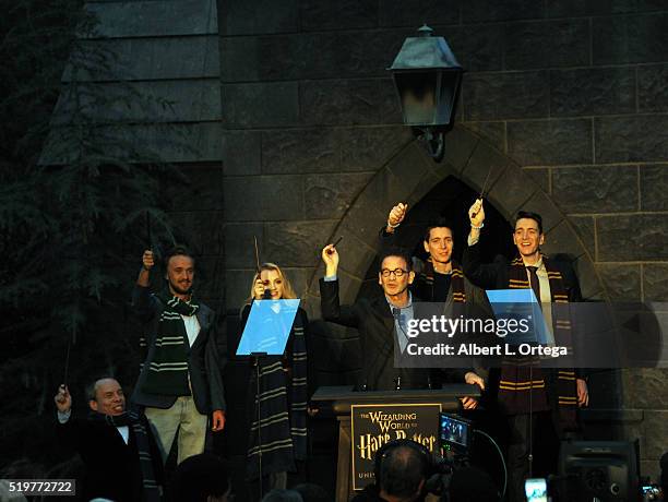 Actors Warwick Davis, Tom Felton, Evanna Lynch, Larry Kurzweil of Universal, Oliver Phelps and James Phelps at the Official Opening Of "The Wizarding...