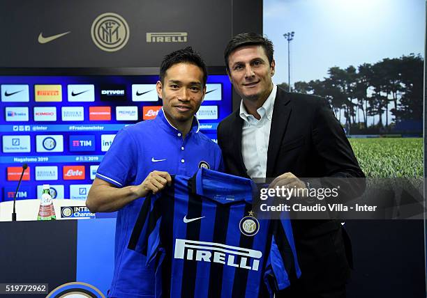 Vice President Javier Zanetti and Yuto Nagatomo of FC Internazionale pose for a photo prior to the press conference at the club's training ground at...