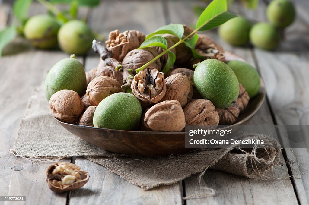 Fresh walnut on the wooden table