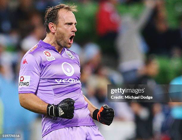 Eugene Galekovic of United celebrates a goal by his team during the round 27 A-League match between the Melbourne City FC and Adelaide United at AAMI...