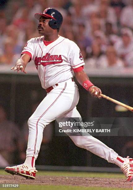 Cleveland Indians designated hitter Eddie Murray watches the ball sail over the left field wall in the bottom of the ninth inning to defeat the...