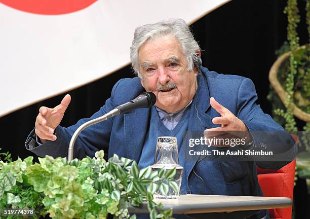 Former Uruguayan President Jose Mujica addresses at the Tokyo University of Foreign Studies on April 7, 2016 in Fuchu, Tokyo, Japan.