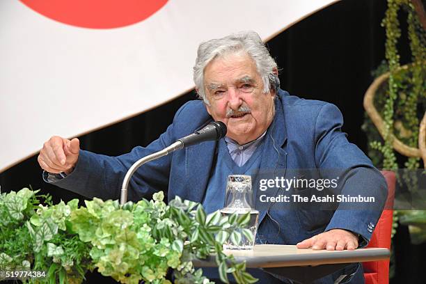 Former Uruguayan President Jose Mujica addresses at the Tokyo University of Foreign Studies on April 7, 2016 in Fuchu, Tokyo, Japan.