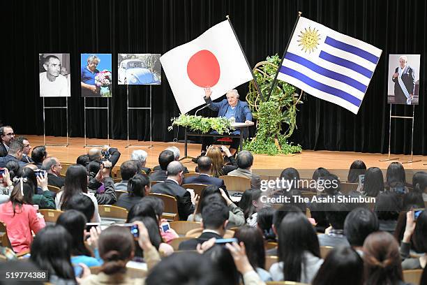 Former Uruguayan President Jose Mujica addresses at the Tokyo University of Foreign Studies on April 7, 2016 in Fuchu, Tokyo, Japan.