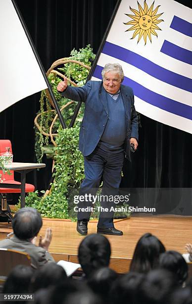 Former Uruguayan President Jose Mujica waves prior to addressing at the Tokyo University of Foreign Studies on April 7, 2016 in Fuchu, Tokyo, Japan.