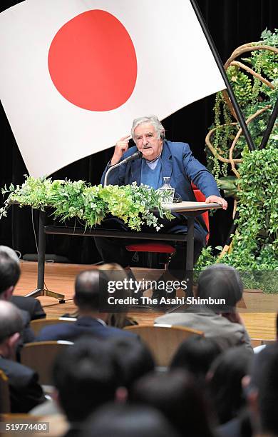 Former Uruguayan President Jose Mujica addresses at the Tokyo University of Foreign Studies on April 7, 2016 in Fuchu, Tokyo, Japan.