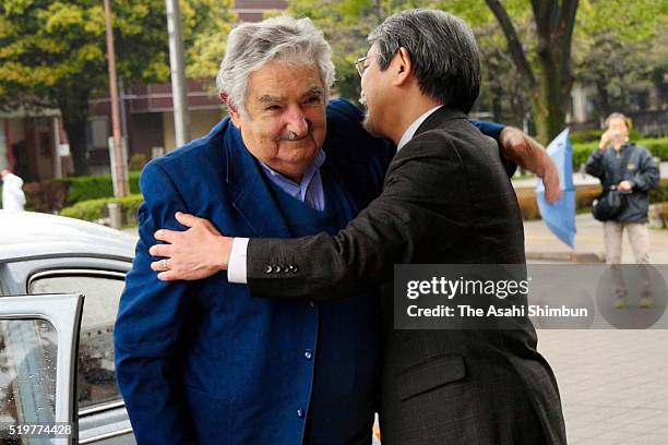 Former Uruguayan President Jose Mujica is seen on arrival at the Tokyo University of Foreign Studies on April 7, 2016 in Fuchu, Tokyo, Japan.