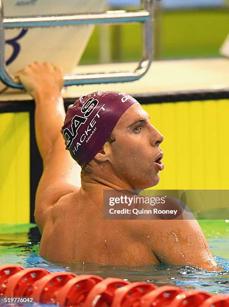 Grant Hackett of Australia reacts after racing in the Men's 200 Metre Freestyle during day two of the 2016 Australian Swimming Championships at the...