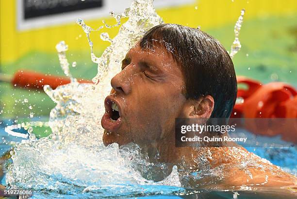 Grant Hackett of Australia reacts after racing in the Men's 200 Metre Freestyle during day two of the 2016 Australian Swimming Championships at the...