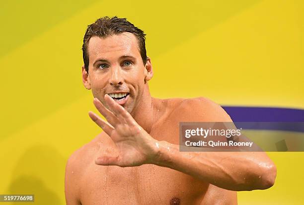 Grant Hackett of Australia waves to the crowd after racing in the Men's 200 Metre Freestyle during day two of the 2016 Australian Swimming...