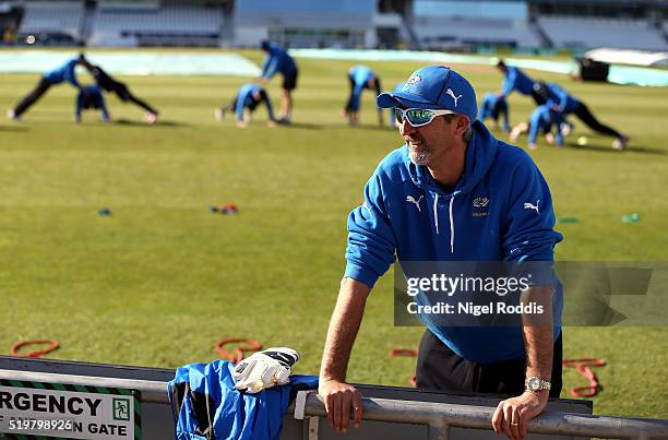 Jason Gillespie coach of Yorkshire during the Yorkshire CCC Media Day at Headingley on April 8, 2016 in Leeds, England.