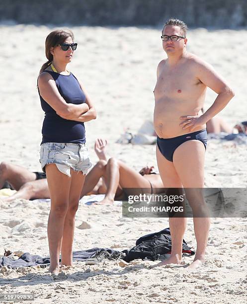 Sally Obermeder and husband Marcus Obermeder are seen at the beach on April 5, 2016 in Sydney, Australia.