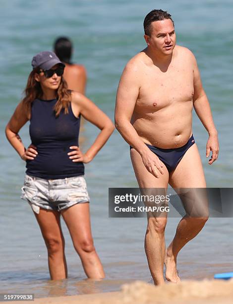 Sally Obermeder and husband Marcus Obermeder are seen at the beach on April 5, 2016 in Sydney, Australia.