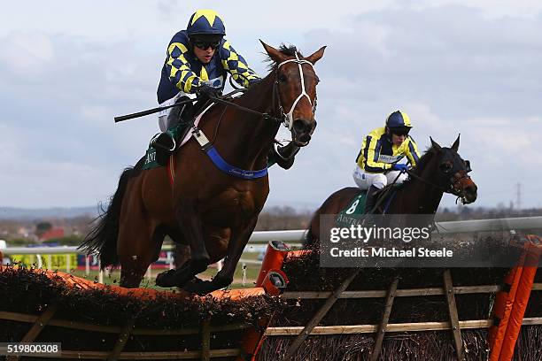Sean Quinlan riding Party Rock clears the last to win the Alder Hey Children's Charity Handicap hurdle race at Aintree Racecourse on April 8, 2016 in...