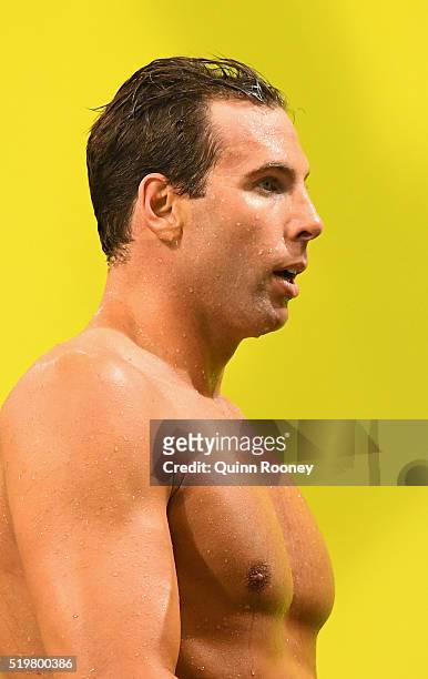 Grant Hackett of Australia looks on after racing in the Men's 200 Metre Freestyle during day two of the 2016 Australian Swimming Championships at the...