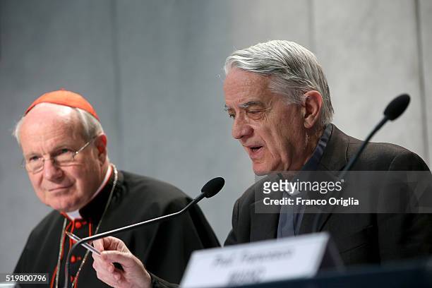 Cardinal Christoph Schonborn and Father Federico Lombardi attend the presentation of Pope Francis' post-synodal Apostolic Exhortation 'Amoris...