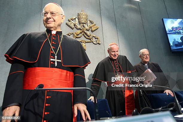 Cardinal Lorenzo Baldisseri, Cardinal Christoph Schonborn and Father Federico Lombardi attend the presentation of Pope Francis' post-synodal...