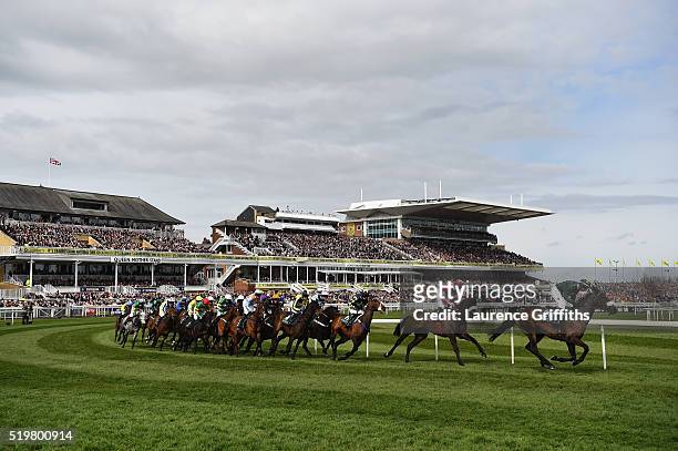 Runners and Riders in the Alder Hay Children's Charity Handicap Hurdle Race at Aintree Racecourse on April 8, 2016 in Liverpool, England.
