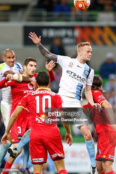 Jack Clisby of Melbourne City heads the ball during the round 27 A-League match between the Melbourne City FC and Adelaide United at AAMI Park on...