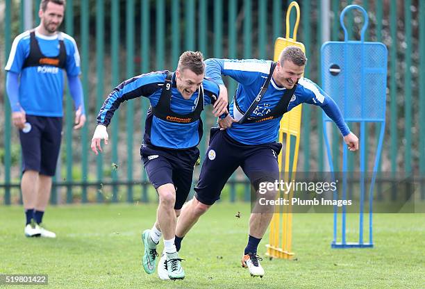 Jamie Vardy and Robert Huth during a Leicester City training session at Belvoir Drive Training Complex on April 8, 2016 in Leicester, United Kingdom.