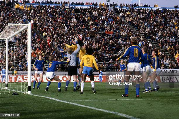 Edinho and Ronnie Hellstrom during the match between Brazil and Sweden played at Mar Del Plata, Argentina on June 3rd, 1978.