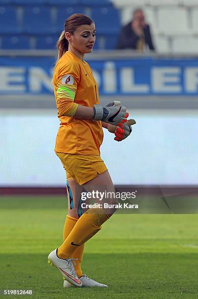 Turkey's goalie Seda Akgoz looks disappointent during UEFA Women's Euro 2017 Qualifier match between Turkey and Germany on April 8, 2016 in Istanbul,...