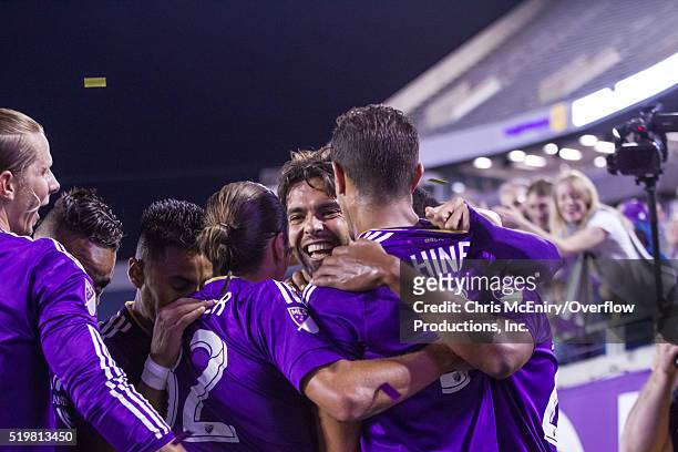 Kaka, Seb Hines of Orlando City SC celebrate a goal against the Portland Timbers at the Citrus Bowl on April 3, 2016 in Orlando, Florida.