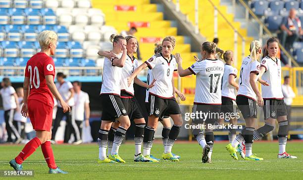 The German team celebrates during UEFA Women's Euro 2017 Qualifier match between Turkey and Germany on April 8, 2016 in Istanbul, Turkey.
