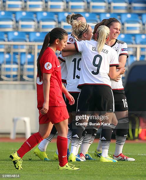 Svenja Huth of Germany celebrates her goal against Turkey with her teammates during UEFA Women's Euro 2017 Qualifier match between Turkey and Germany...