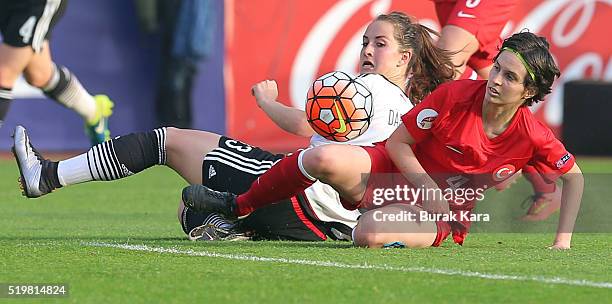 Sara Daebritz of Germany battles for the ball against Sibel Tezka of Turkey during UEFA Women's Euro 2017 Qualifier match between Turkey and Germany...