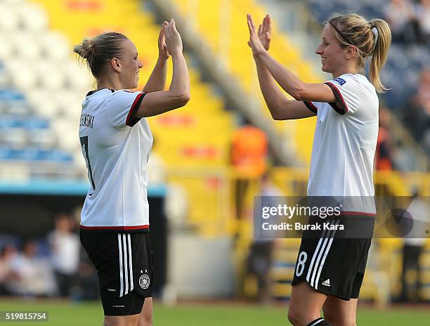 Isabel Kerschowski of Germany celebrates her goal against Turkey with her teammates during UEFA Women's Euro 2017 Qualifier match between Turkey and...