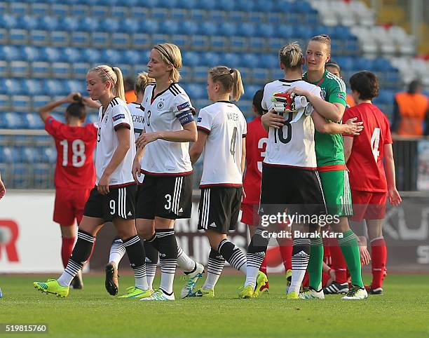 Germany players celebrate their win against Turkey in UEFA Women's Euro 2017 Qualifier match between Turkey and Germany on April 8, 2016 in Istanbul,...