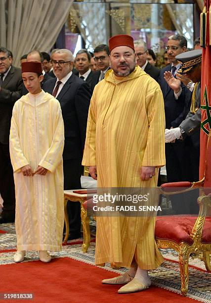 Moroccan King Mohammed VI and Crown Prince Hassan III arrives for a document ceremony between Morocco and French automobile manufacturer Renault in...
