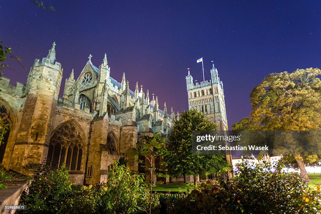 Exeter Cathedral at night.