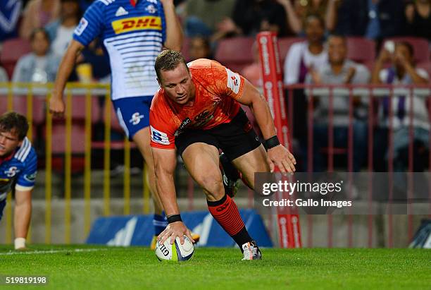 Riaan Viljoen of the Sunwolves scores the opening try for his team during the Super Rugby match between DHL Stormers and Sunwolves at DHL Newlands...