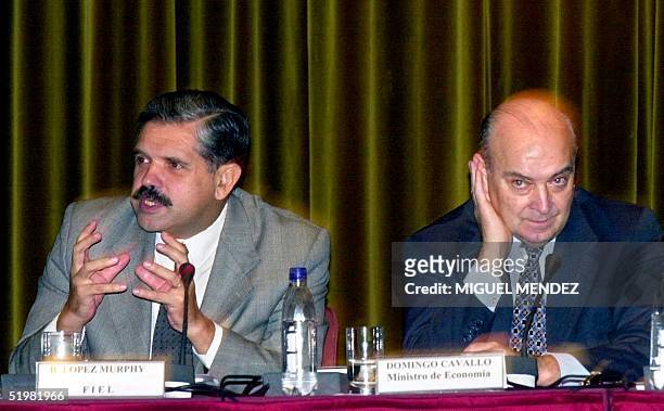 Former Argentinean Economy Minister Ricardo Lopez Murphy and present title holder Domingo Cavallo talk to assistants during a seminar of the Central...