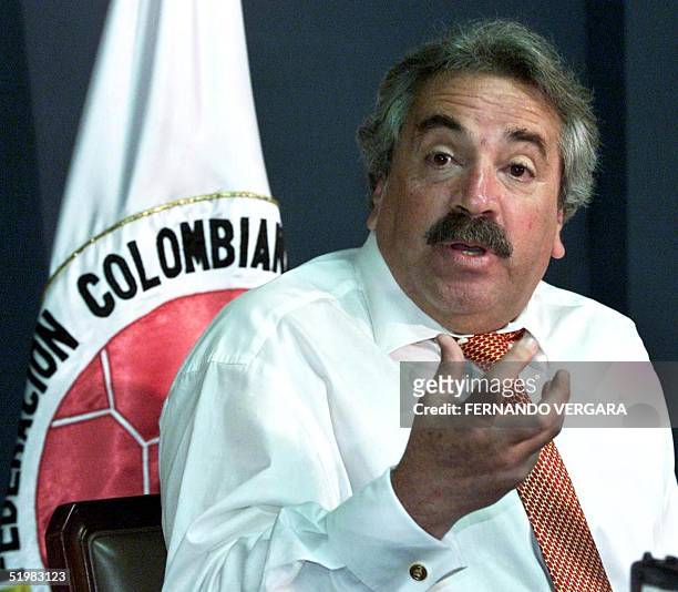 President of the Colombian Soccer Federation Alvaro Fina speaks to the press about the kidnapping of the federation's vice president Hernan Mejia...
