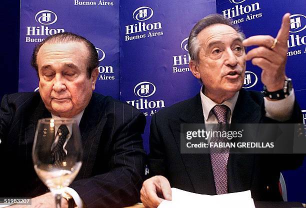 Vice President of the South American Soccer Federation , Eugenio Figueredo of Uruguay, speaks as President of the SASF, Nicolas Leoz looks on in a...