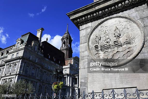 nelson's column with city hall - hotel de ville montreal stock pictures, royalty-free photos & images