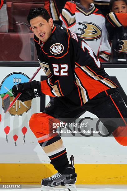 Shawn Horcoff of the Anaheim Ducks skates in warm-ups prior to the game against the Calgary Flames on March 30, 2016 at Honda Center in Anaheim,...