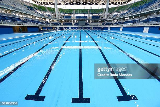 General view of the Olympic Aquatics Stadium during the inauguration which was attended by the President Dilma Rousseff at the Barra Olympic Park on...