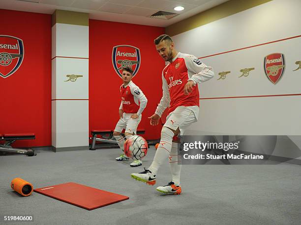 Dan Crowley and Jack Wilshere the Barclays Premier League match between Arsenal and Newcastle United at Emirates Stadium on April 8, 2016 in London,...