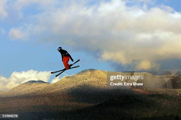 Evelyne Leu of Switzerland, who finished in 17th place, competes in the Nature Valley Freestyle World Cup aerial competition on January 14, 2005 at...