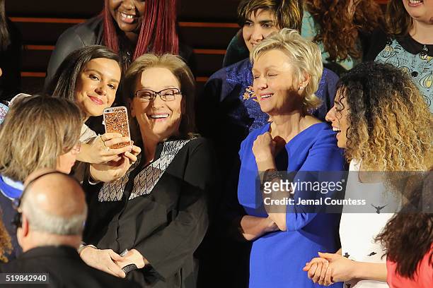 Actress Meryl Streep and journalist Tina Brown pose with Women in the World Summit speakers at Meryl Streep and Leaders of Tomorrow: Call to Action...