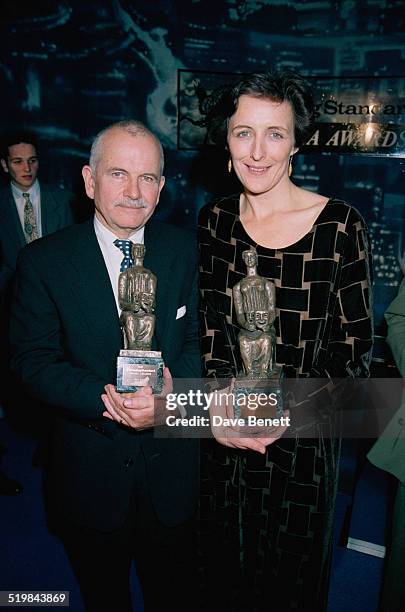 Ian Holm and Fiona Shaw at the Evening Standard Theatre Awards, held at the Savoy Hotel, London, 29th November 1993. Holm won Best Actor for...