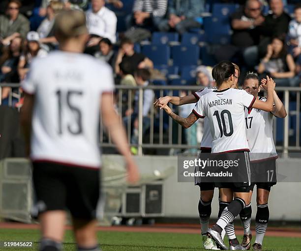 German footballers celebrate after a goal during the UEFA Women's EURO 2017 Qualifying group stage, Group 5 match between Turkey and Germany at Recep...