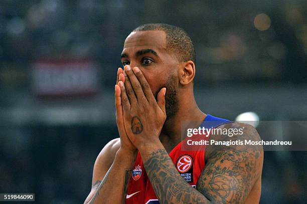 Aaron Jackson, #9 of CSKA Moscow react during the 2015-2016 Turkish Airlines Euroleague Basketball Top 16 Round 14 game between Olympiacos Piraeus v...