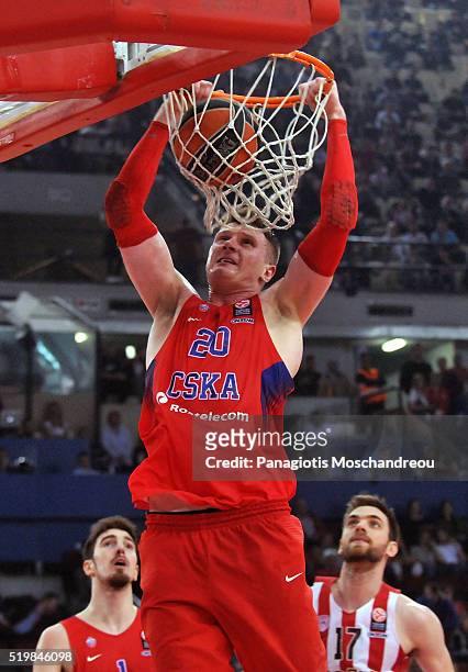 Andrey Vorontsevich, #20 of CSKA Moscow in action during the 2015-2016 Turkish Airlines Euroleague Basketball Top 16 Round 14 game between Olympiacos...