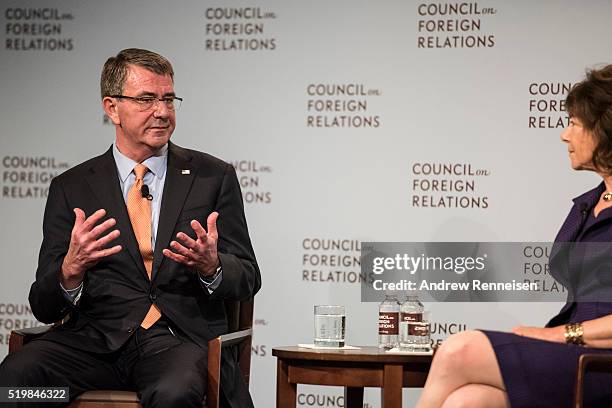 Secretary of Defense Ashton Carter speaks with lawyer Mary Mcinnes Boies at The Council On Foreign Relations on April 8, 2016 in New York City. The...